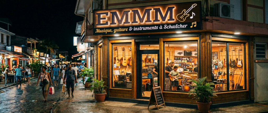 NITEFLY music shop with guitars and a child playing guitar
